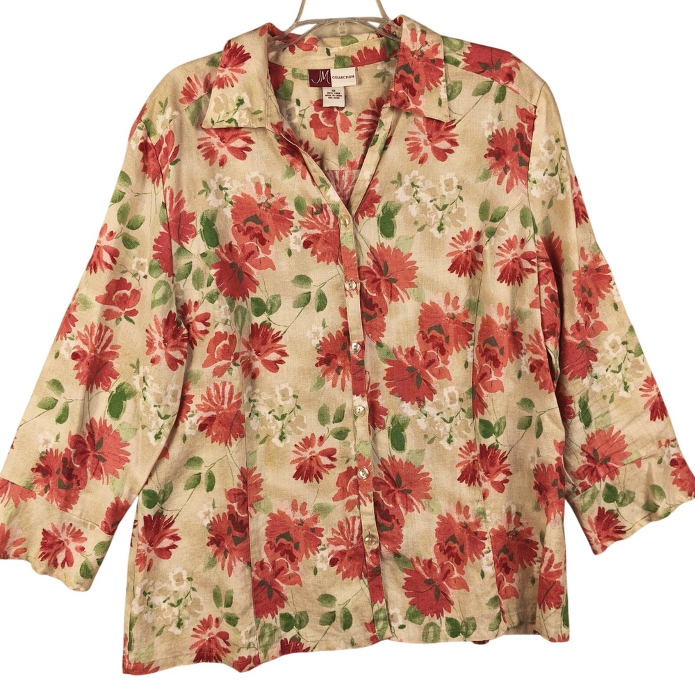 JM Collection Linen Floral Button Up‎ Blouse Women's 18 Red Cottagecore Teacher